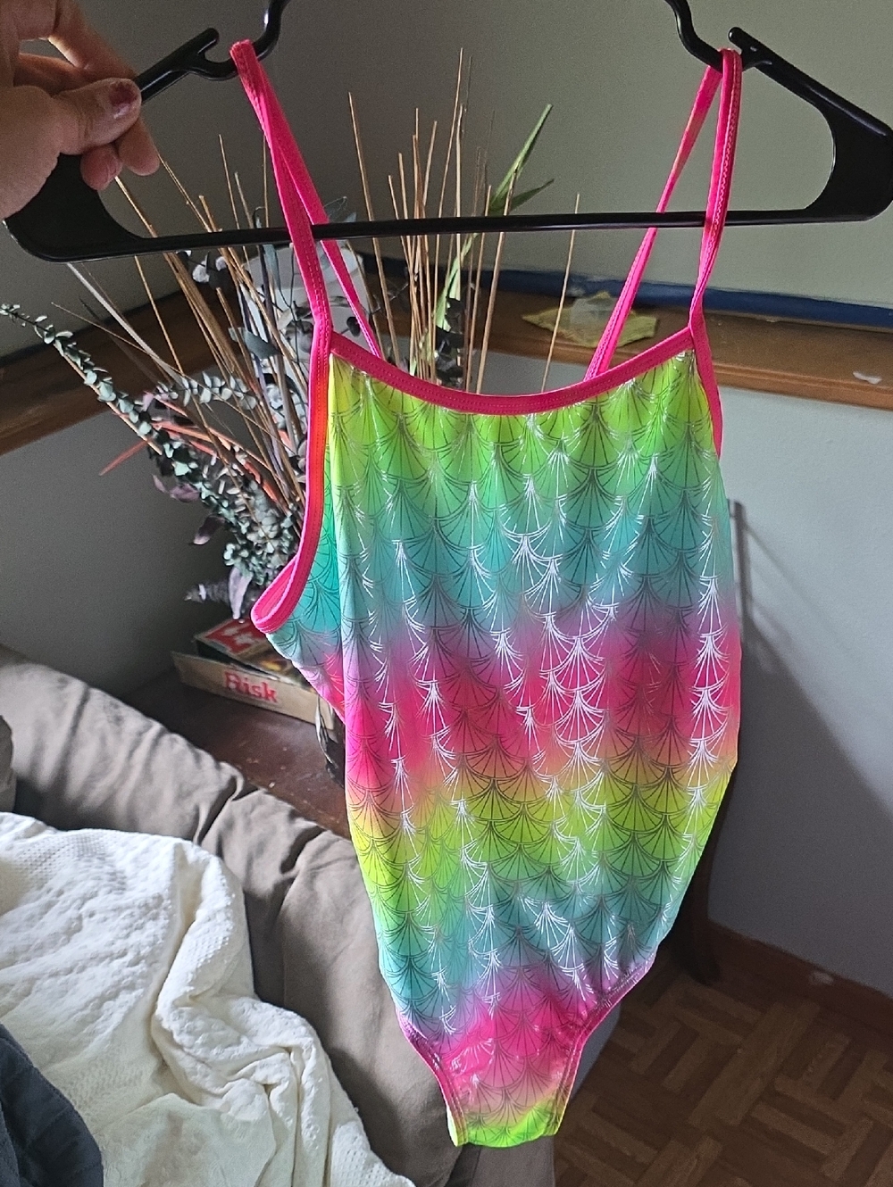 Girls' Neon Rainbow One-Piece Swimsuit with Pink Trim